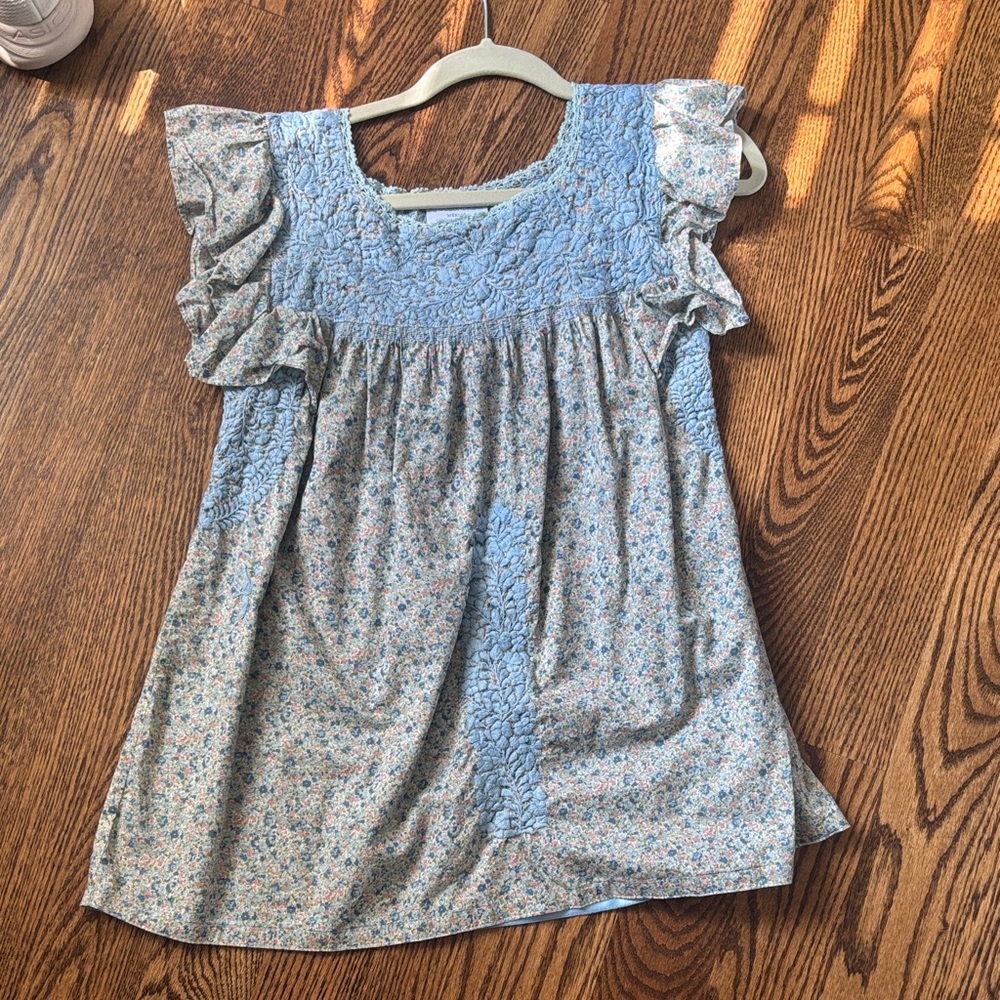 Blue Floral Smocked Ruffle Sleeve Tunic Top